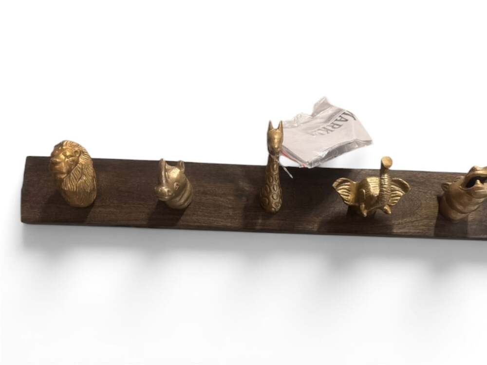 Solid Wood Brass Wall Hook Rack with Gold Animal Motif Hooks